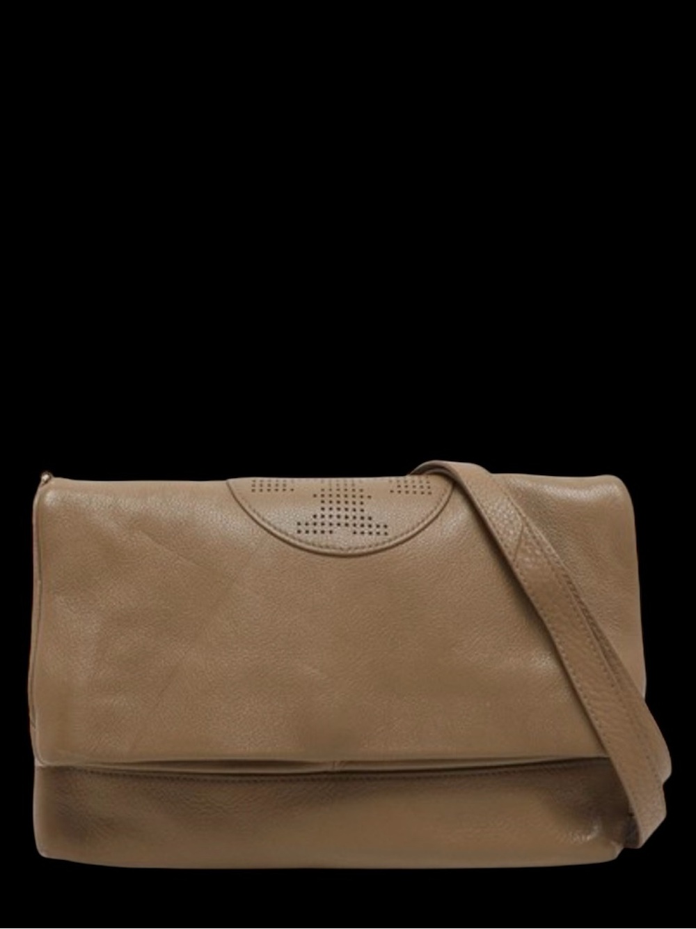 Tory Burch Kipp Taupe Fold Over pebbled Leather shoulder Bag